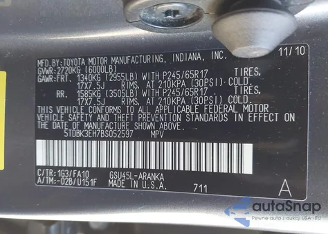 2011 Toyota Highlander Se from USA, damaged, VIN 5TDBK3EH7BS052597